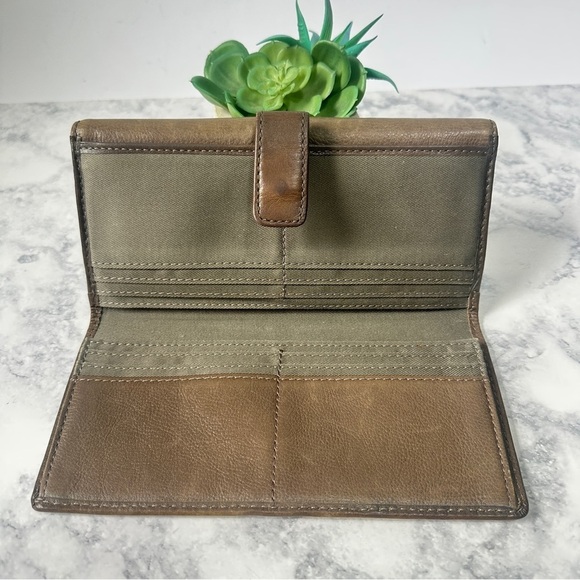 Fossil Wallet Knox Flap Clutch Brown Olive Pebbled Leather Brass Hardware - Picture 4 of 7